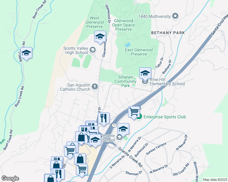 map of restaurants, bars, coffee shops, grocery stores, and more near 133 Zinfandel Circle in Scotts Valley