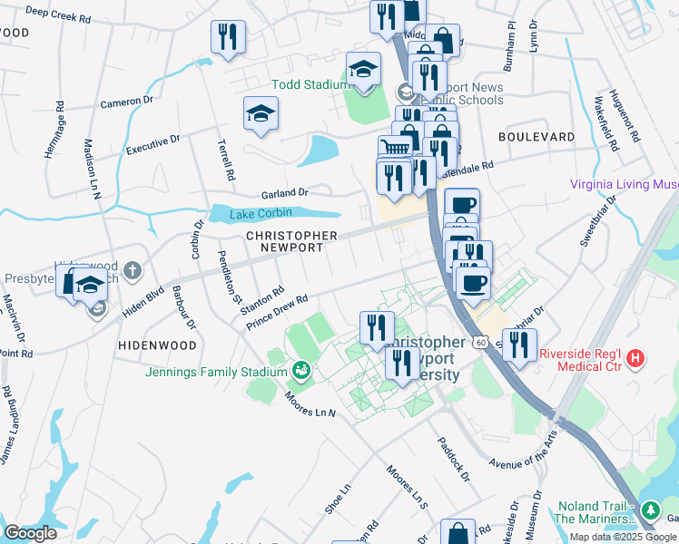 map of restaurants, bars, coffee shops, grocery stores, and more near 9 Fleming Circle in Newport News
