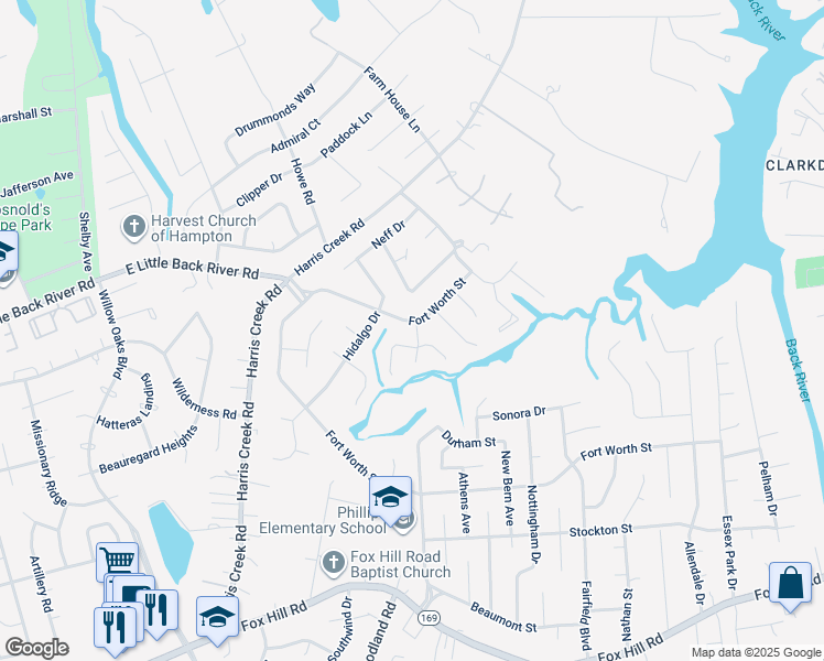 map of restaurants, bars, coffee shops, grocery stores, and more near 23 Fort Worth Street in Hampton