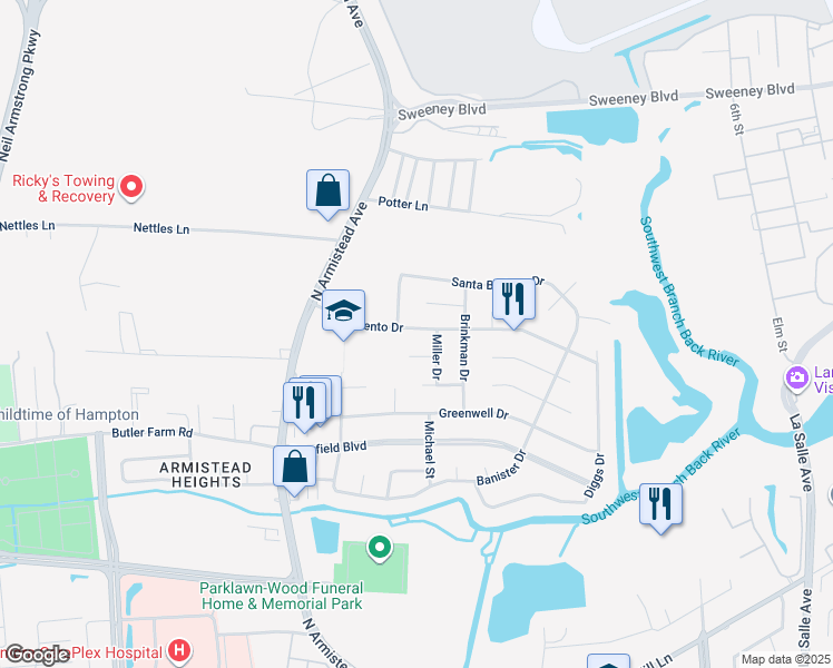 map of restaurants, bars, coffee shops, grocery stores, and more near 36 Sacramento Drive in Hampton