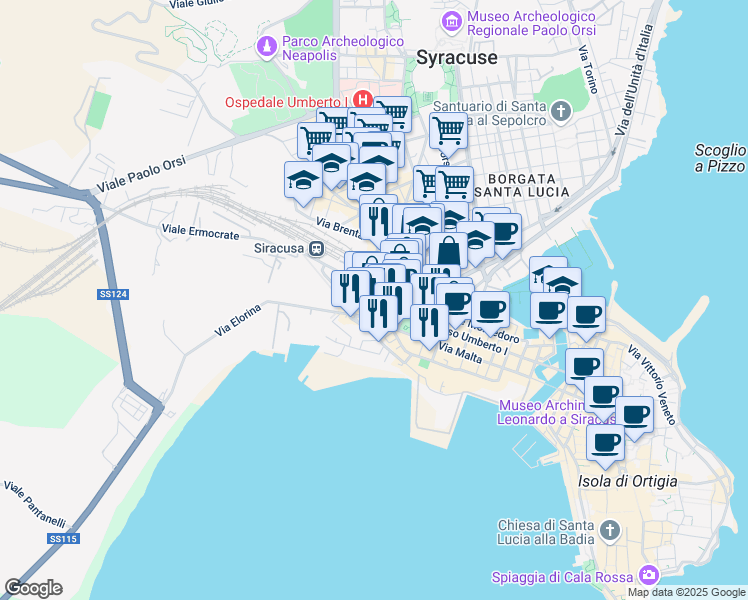 map of restaurants, bars, coffee shops, grocery stores, and more near 10 Piazza Guglielmo Marconi in Siracusa