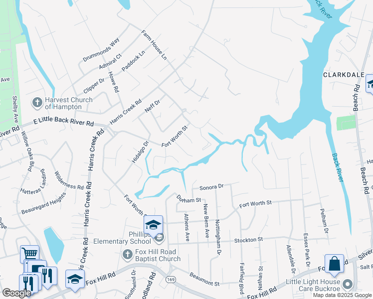 map of restaurants, bars, coffee shops, grocery stores, and more near 33 Sandpiper Court in Hampton