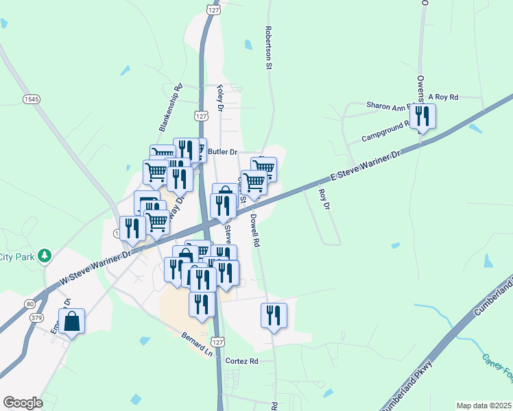 map of restaurants, bars, coffee shops, grocery stores, and more near 128 Robertson Street in Russell Springs