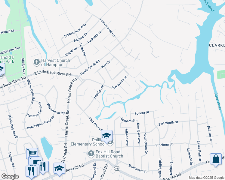 map of restaurants, bars, coffee shops, grocery stores, and more near 23 Fort Worth Street in Hampton