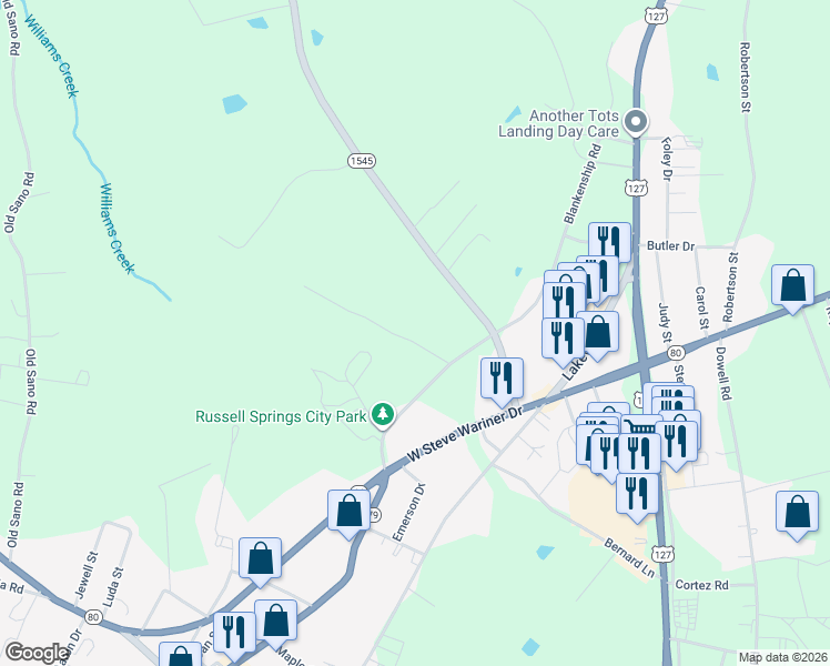 map of restaurants, bars, coffee shops, grocery stores, and more near 323 Kentucky 1545 in Russell Springs