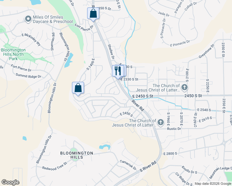 map of restaurants, bars, coffee shops, grocery stores, and more near 1611 2450 South Street in St. George