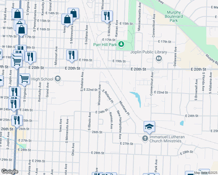 map of restaurants, bars, coffee shops, grocery stores, and more near 1220 Montana Place in Joplin