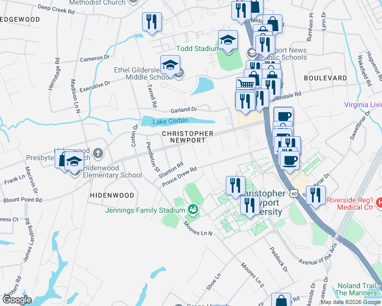 map of restaurants, bars, coffee shops, grocery stores, and more near 379 Stanton Road in Newport News