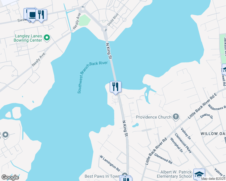 map of restaurants, bars, coffee shops, grocery stores, and more near 22 Waters Edge Circle in Hampton