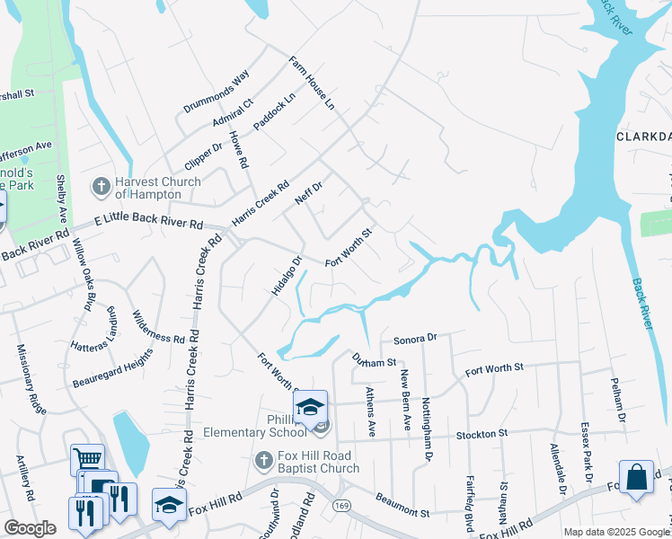 map of restaurants, bars, coffee shops, grocery stores, and more near 21 Fort Worth Street in Hampton