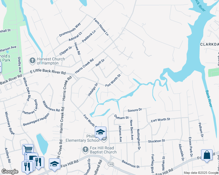 map of restaurants, bars, coffee shops, grocery stores, and more near 21 Fort Worth Street in Hampton