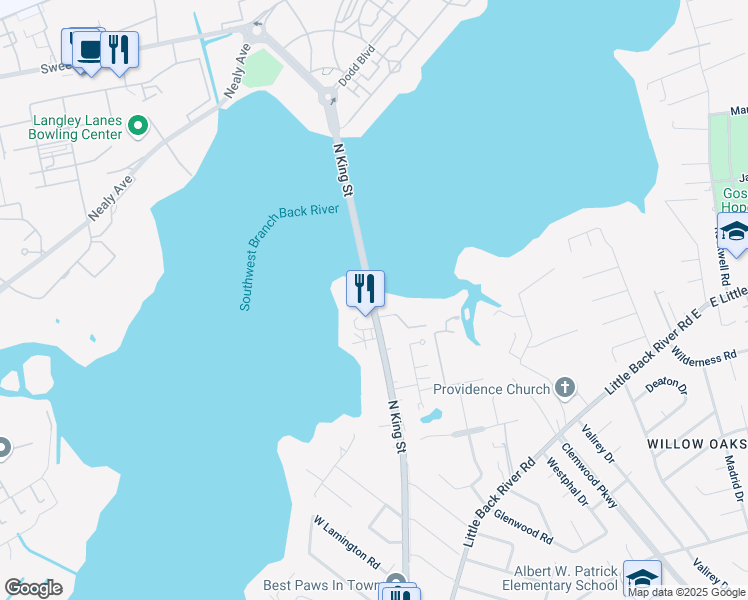 map of restaurants, bars, coffee shops, grocery stores, and more near 1780 North King Street in Hampton