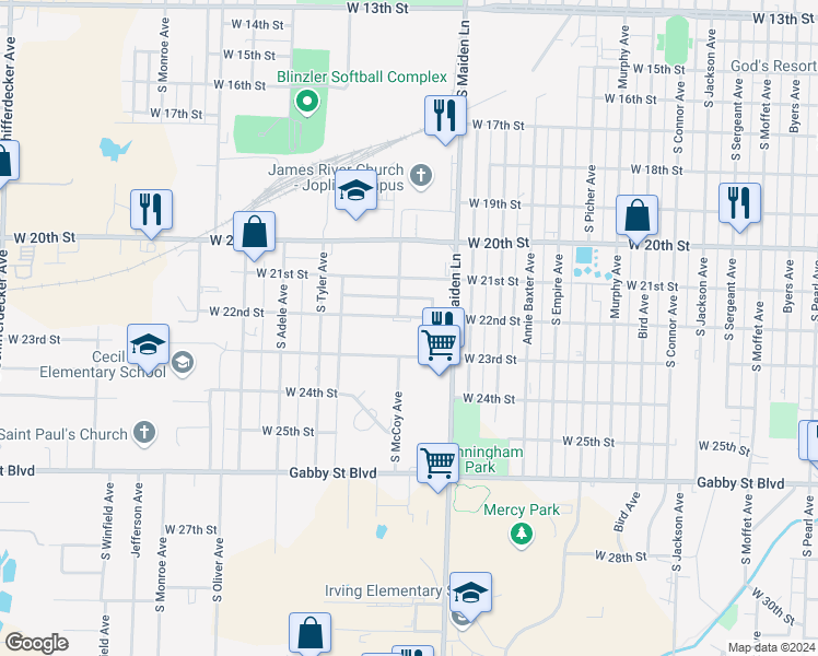 map of restaurants, bars, coffee shops, grocery stores, and more near 2300 South Maiden Lane in Joplin