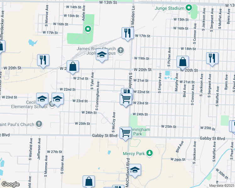 map of restaurants, bars, coffee shops, grocery stores, and more near 1736 West 22nd Street in Joplin