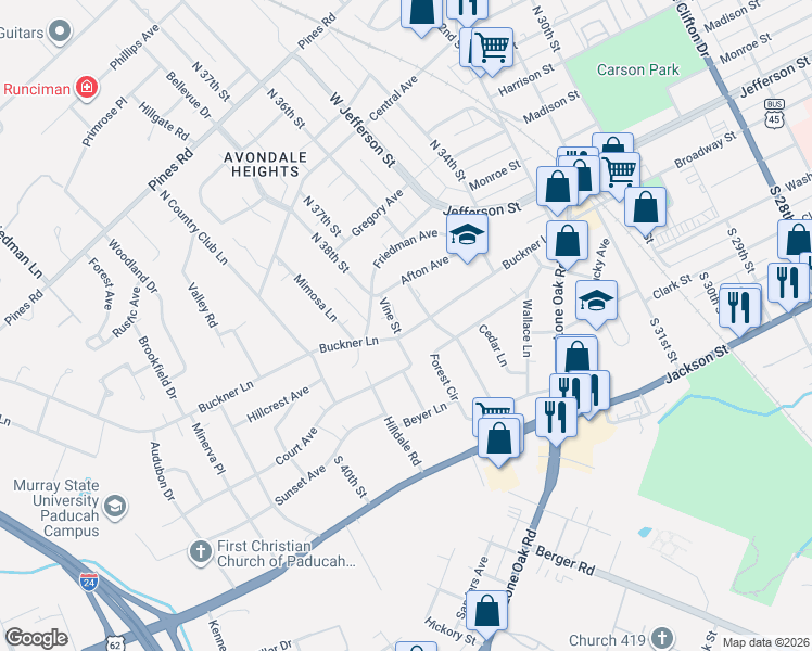 map of restaurants, bars, coffee shops, grocery stores, and more near 100-198 Ridgewood Ave in Paducah