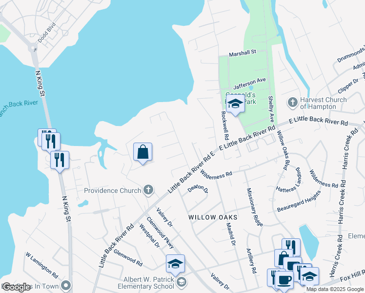map of restaurants, bars, coffee shops, grocery stores, and more near 18 Old Meribeth Road in Hampton