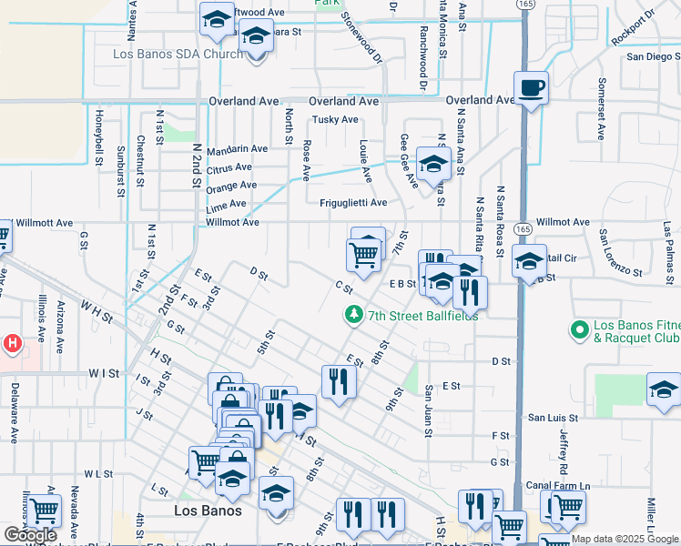 map of restaurants, bars, coffee shops, grocery stores, and more near 564 C Street in Los Banos