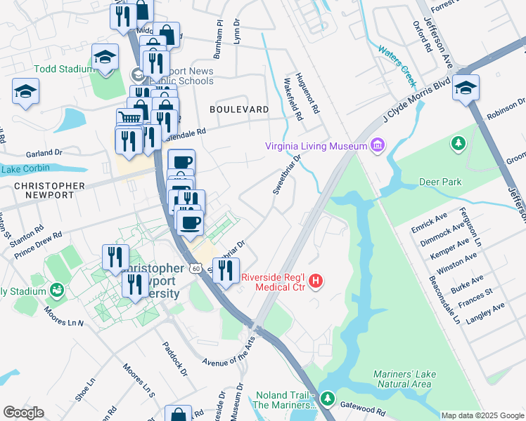 map of restaurants, bars, coffee shops, grocery stores, and more near 47 Sweetbriar Drive in Newport News