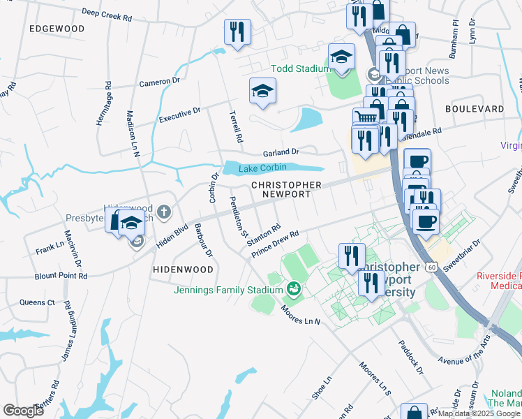 map of restaurants, bars, coffee shops, grocery stores, and more near 210 Woodroof Road in Newport News