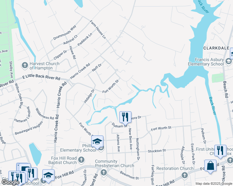 map of restaurants, bars, coffee shops, grocery stores, and more near 7 Gregory Court in Hampton