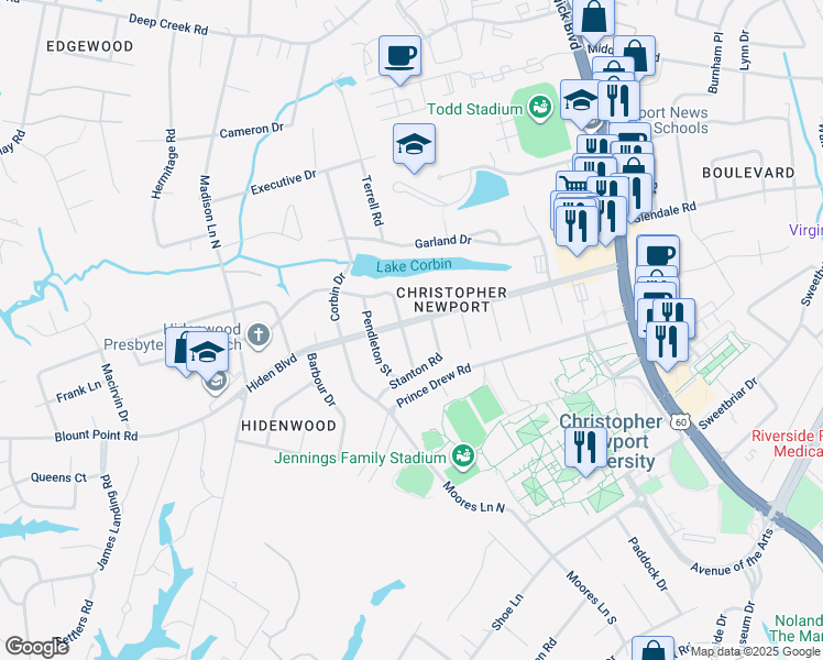 map of restaurants, bars, coffee shops, grocery stores, and more near 210 Woodroof Road in Newport News