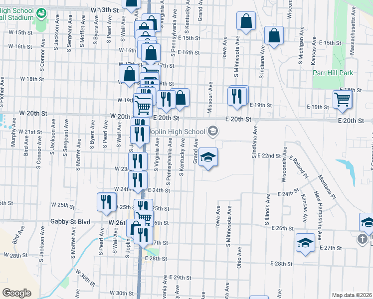 map of restaurants, bars, coffee shops, grocery stores, and more near 2101 Kentucky Ave in Joplin
