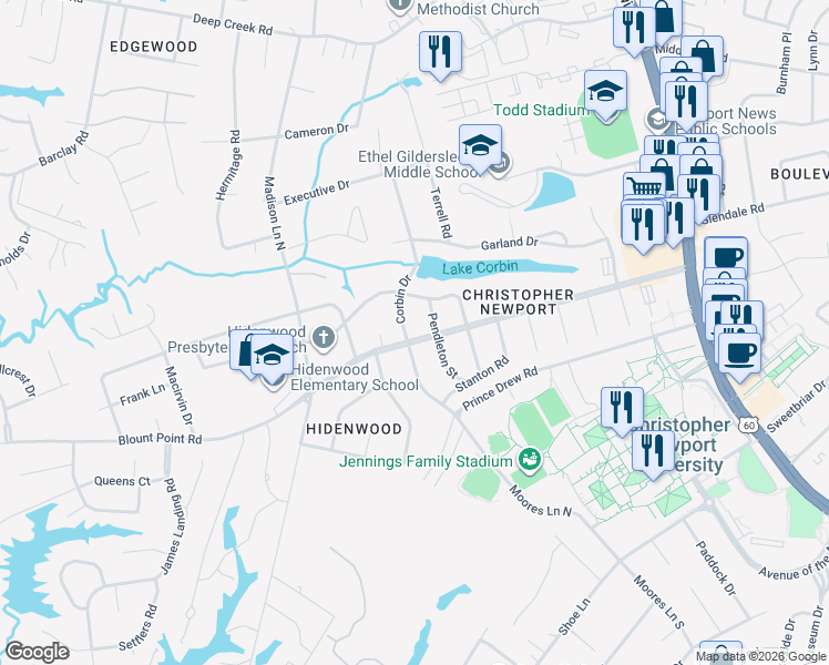 map of restaurants, bars, coffee shops, grocery stores, and more near 311 Woodroof Road in Newport News