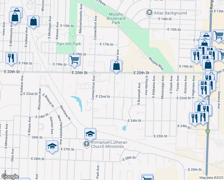 map of restaurants, bars, coffee shops, grocery stores, and more near 2102 New Jersey Avenue in Joplin