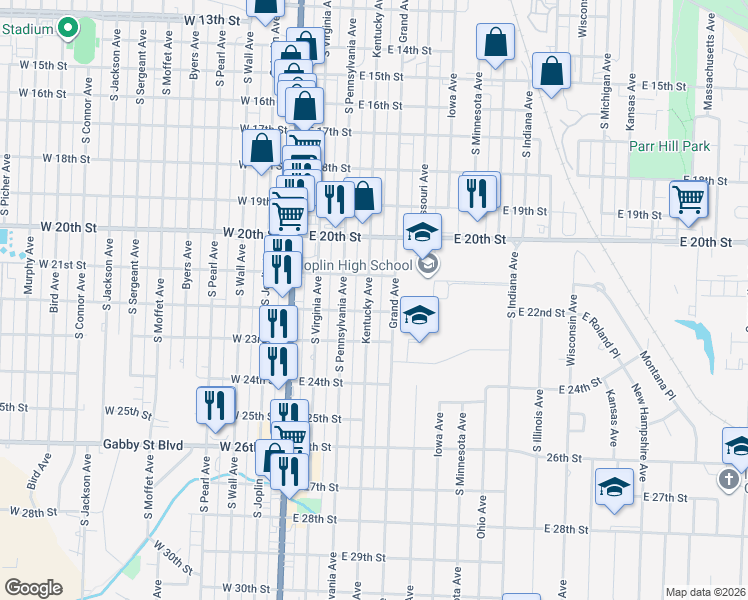 map of restaurants, bars, coffee shops, grocery stores, and more near 2101 Kentucky Ave in Joplin