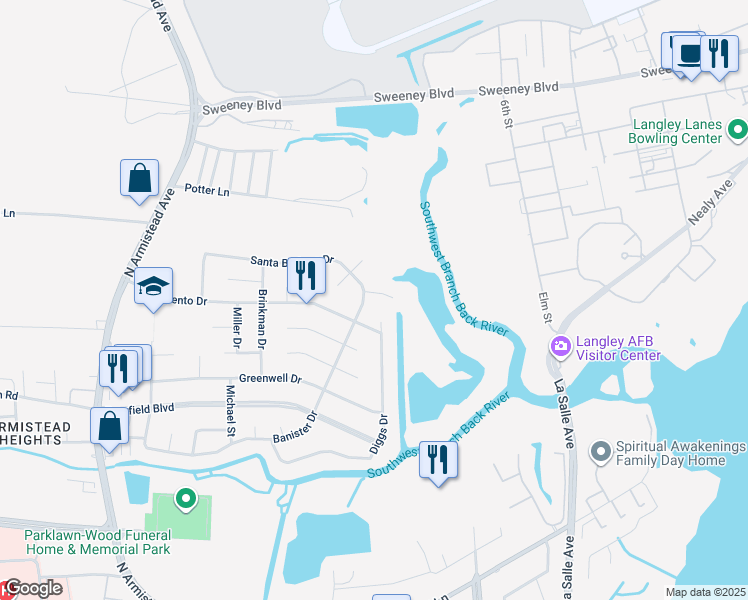 map of restaurants, bars, coffee shops, grocery stores, and more near 110 Santa Barbara Drive in Hampton