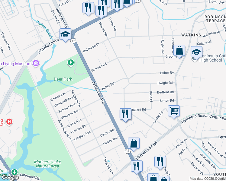 map of restaurants, bars, coffee shops, grocery stores, and more near 26 Huber Road in Newport News
