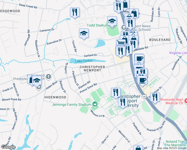 map of restaurants, bars, coffee shops, grocery stores, and more near 4 Burwell Circle in Newport News