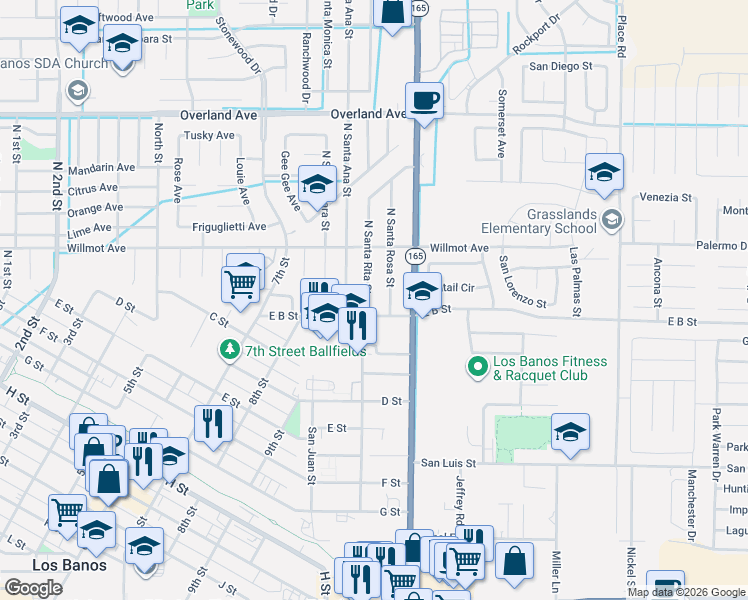 map of restaurants, bars, coffee shops, grocery stores, and more near 132 North Santa Rita Street in Los Banos