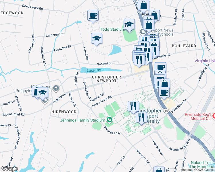 map of restaurants, bars, coffee shops, grocery stores, and more near 4 Burwell Circle in Newport News