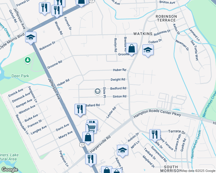 map of restaurants, bars, coffee shops, grocery stores, and more near 30 Dwight Road in Newport News