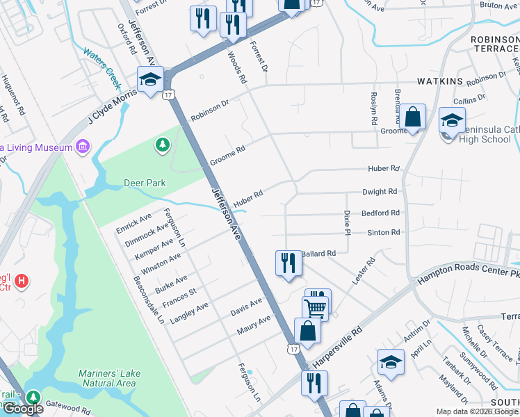 map of restaurants, bars, coffee shops, grocery stores, and more near 26 Huber Road in Newport News