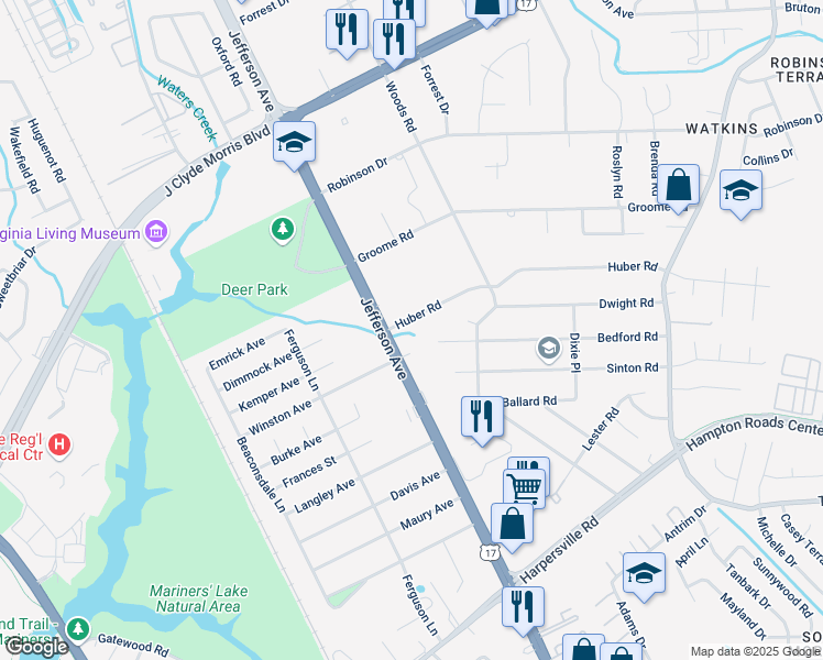 map of restaurants, bars, coffee shops, grocery stores, and more near 11 Huber Road in Newport News