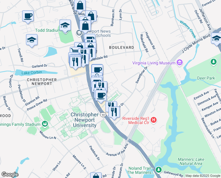 map of restaurants, bars, coffee shops, grocery stores, and more near 439 University Place in Newport News