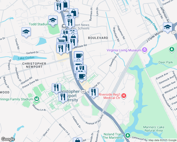 map of restaurants, bars, coffee shops, grocery stores, and more near 439 University Place in Newport News