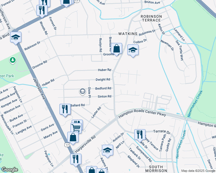 map of restaurants, bars, coffee shops, grocery stores, and more near 65 Bedford Road in Newport News