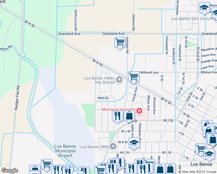 map of restaurants, bars, coffee shops, grocery stores, and more near 813 Grace Drive in Los Banos