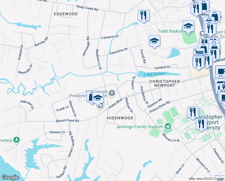 map of restaurants, bars, coffee shops, grocery stores, and more near 416 Woodroof Road in Newport News
