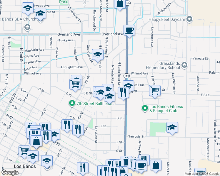 map of restaurants, bars, coffee shops, grocery stores, and more near 132 North Santa Rita Street in Los Banos