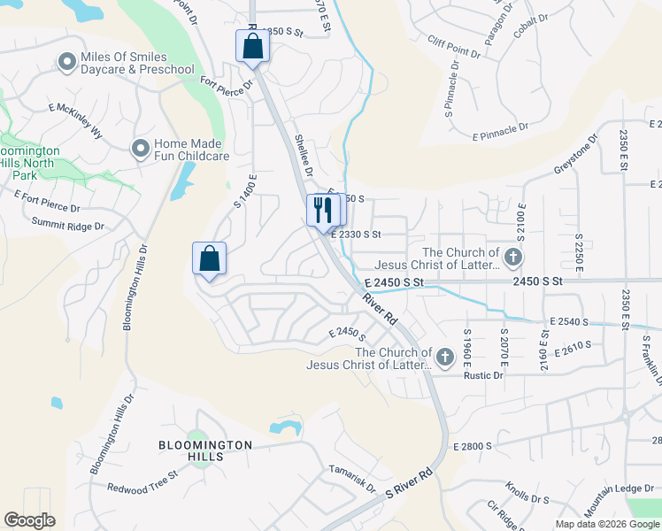 map of restaurants, bars, coffee shops, grocery stores, and more near 2334 South River Road in St. George