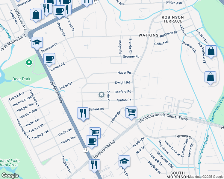 map of restaurants, bars, coffee shops, grocery stores, and more near 30 Dwight Road in Newport News
