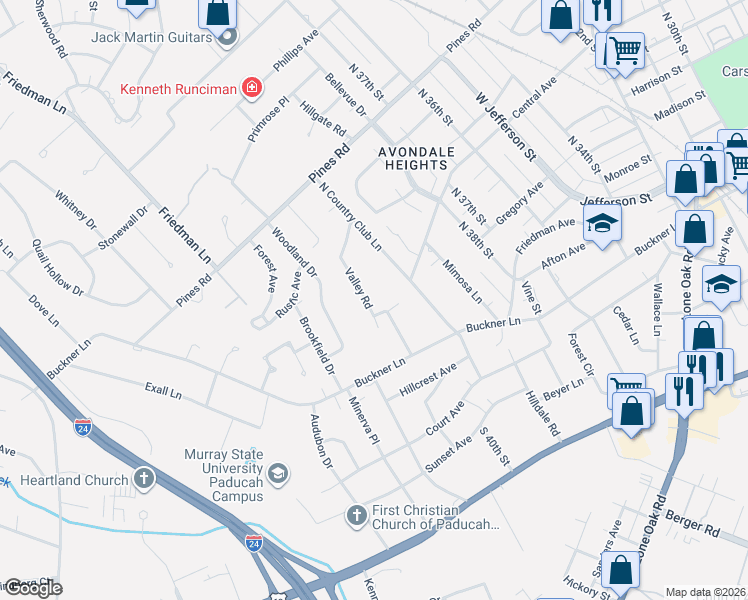 map of restaurants, bars, coffee shops, grocery stores, and more near 200-298 Valley Rd in Paducah