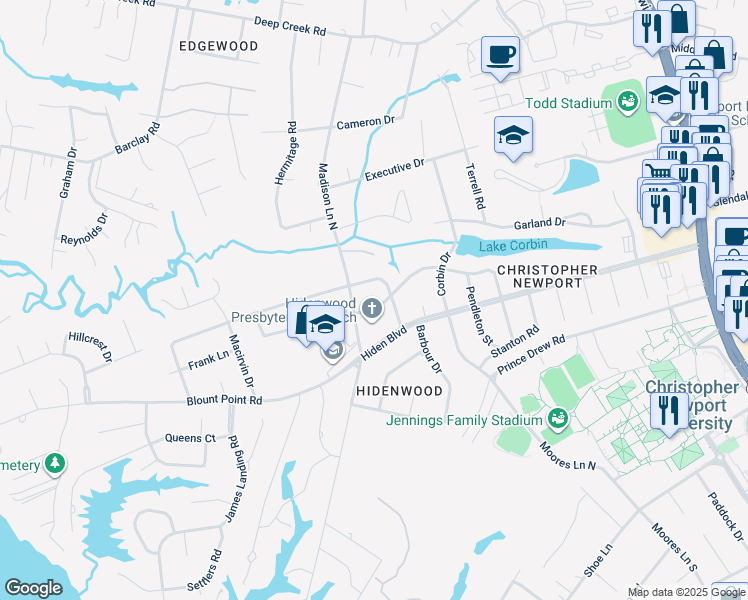 map of restaurants, bars, coffee shops, grocery stores, and more near 416 Woodroof Road in Newport News