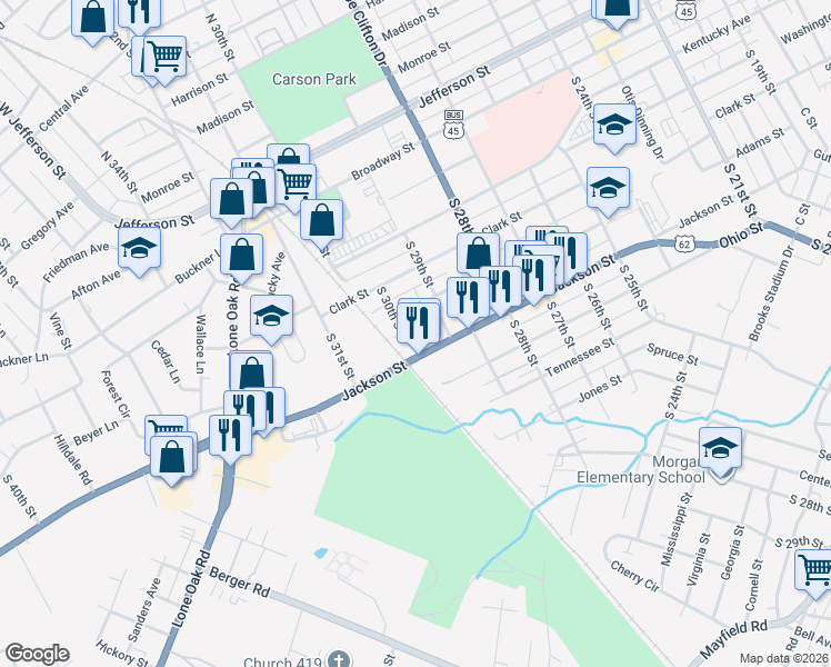 map of restaurants, bars, coffee shops, grocery stores, and more near 2924 Adams Street in Paducah