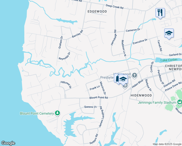 map of restaurants, bars, coffee shops, grocery stores, and more near 215 Massell Court in Newport News