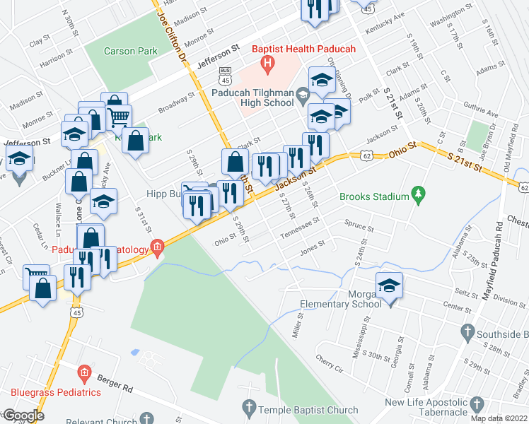 map of restaurants, bars, coffee shops, grocery stores, and more near 2800 Ohio Street in Paducah